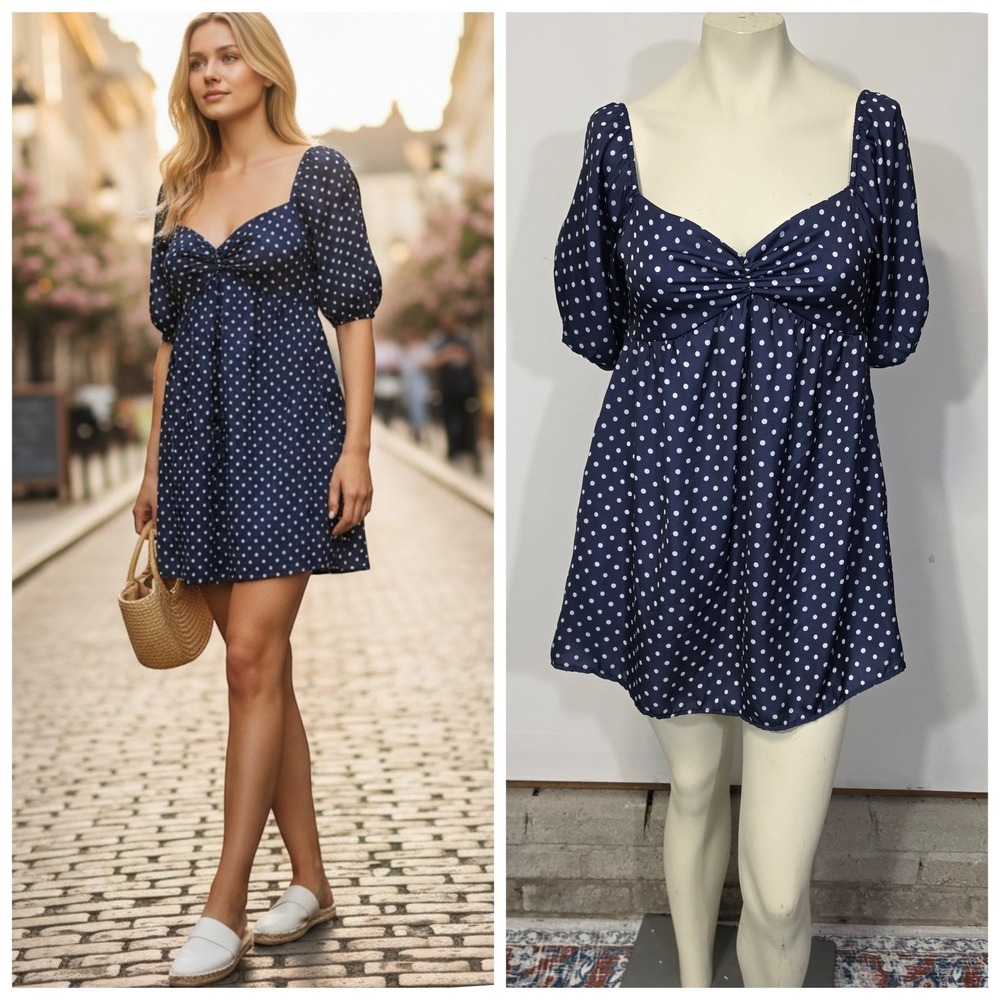Skate Venice Mini Dress Women XS Navy PolkaDot babydoll Smocked Pockets milkmaid